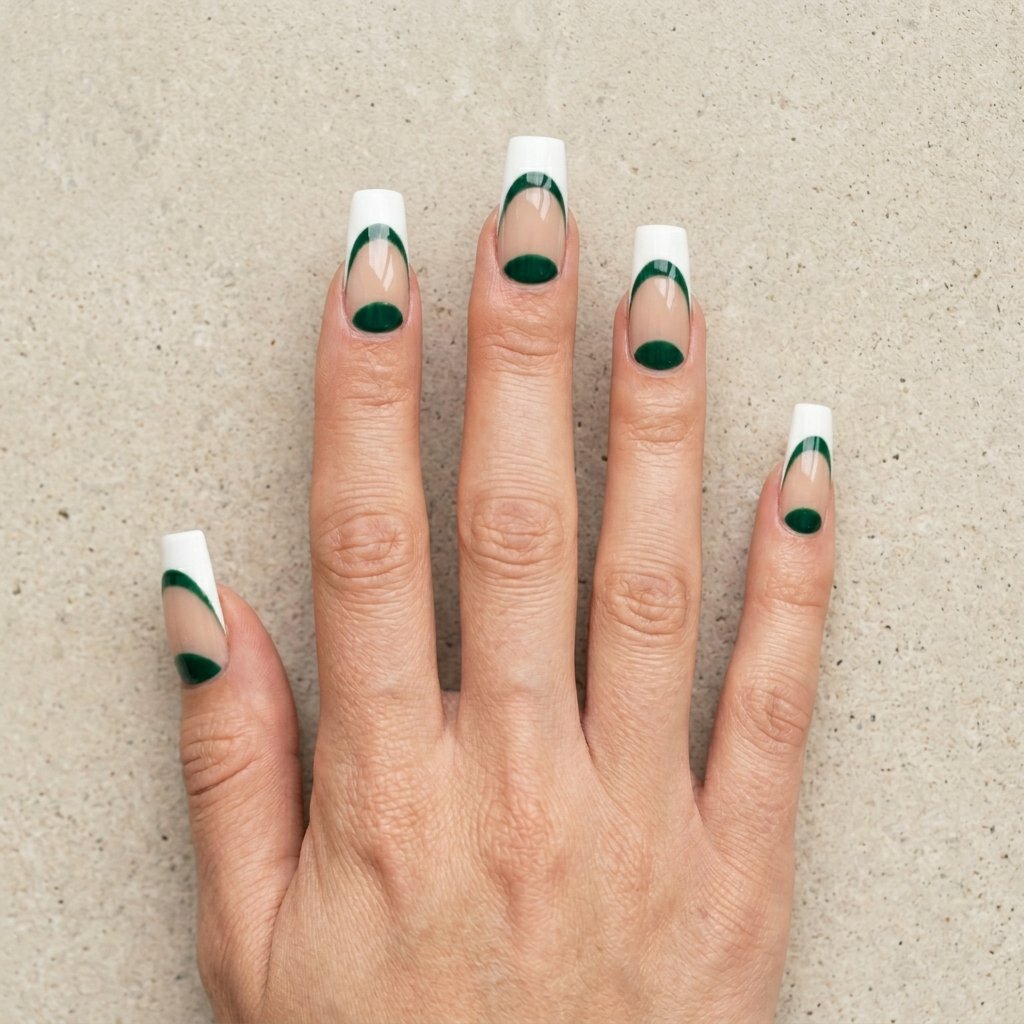 Green and White Reverse French Tip Nail Ideas