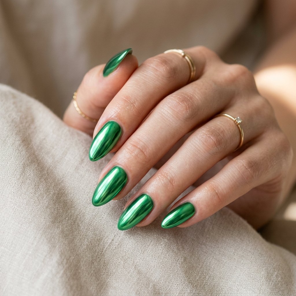 Green Chrome Almond Nails