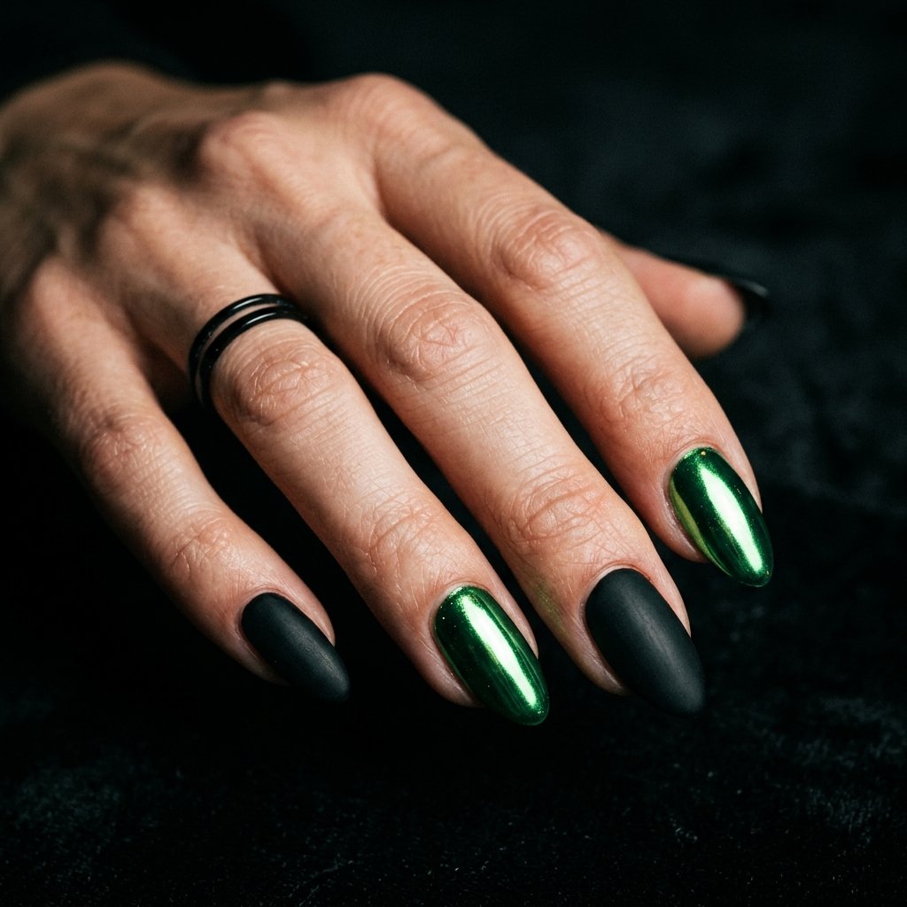 Green Chrome Nails with Black