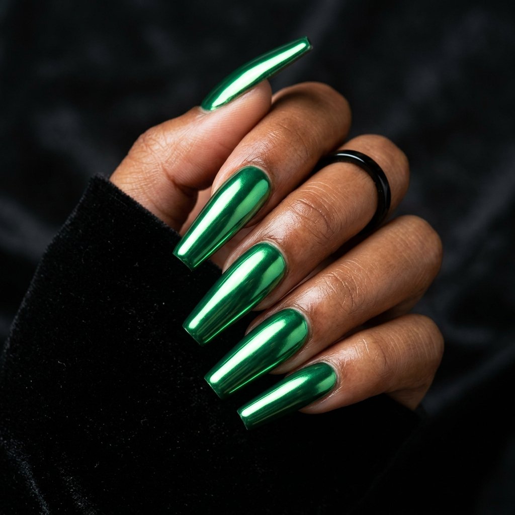 Green Chrome Coffin Nails