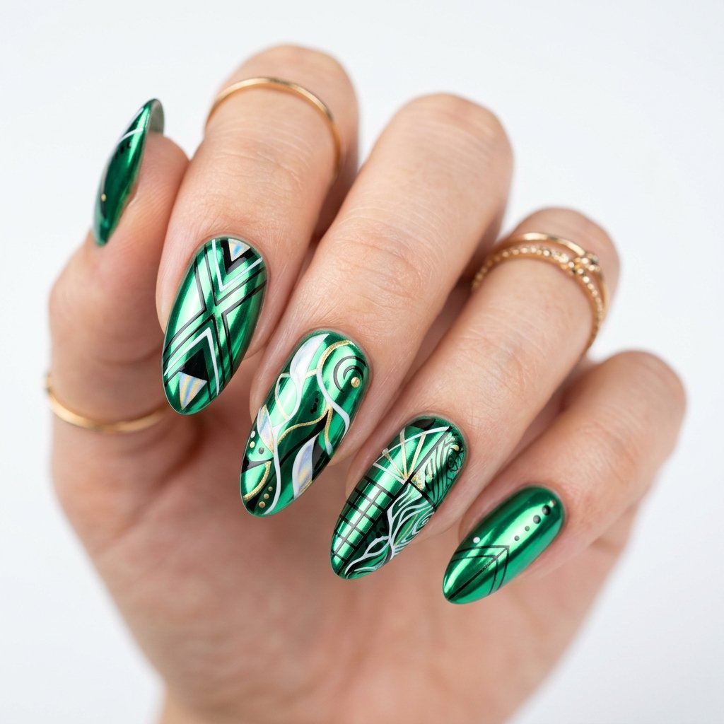 Green Chrome Nail Art Designs