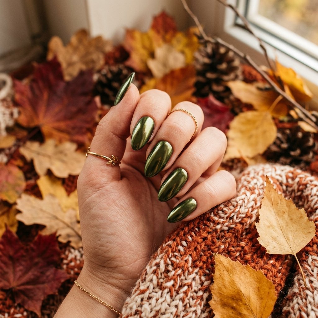 Green Chrome Nails for Fall