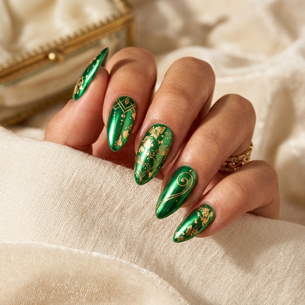 Green Chrome Nails with Gold