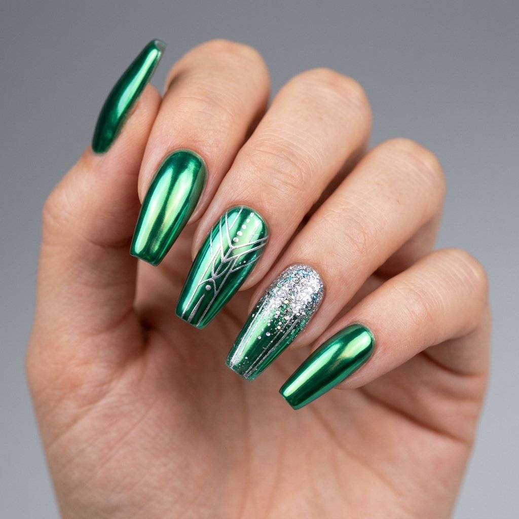 Green Chrome Nails with Silver