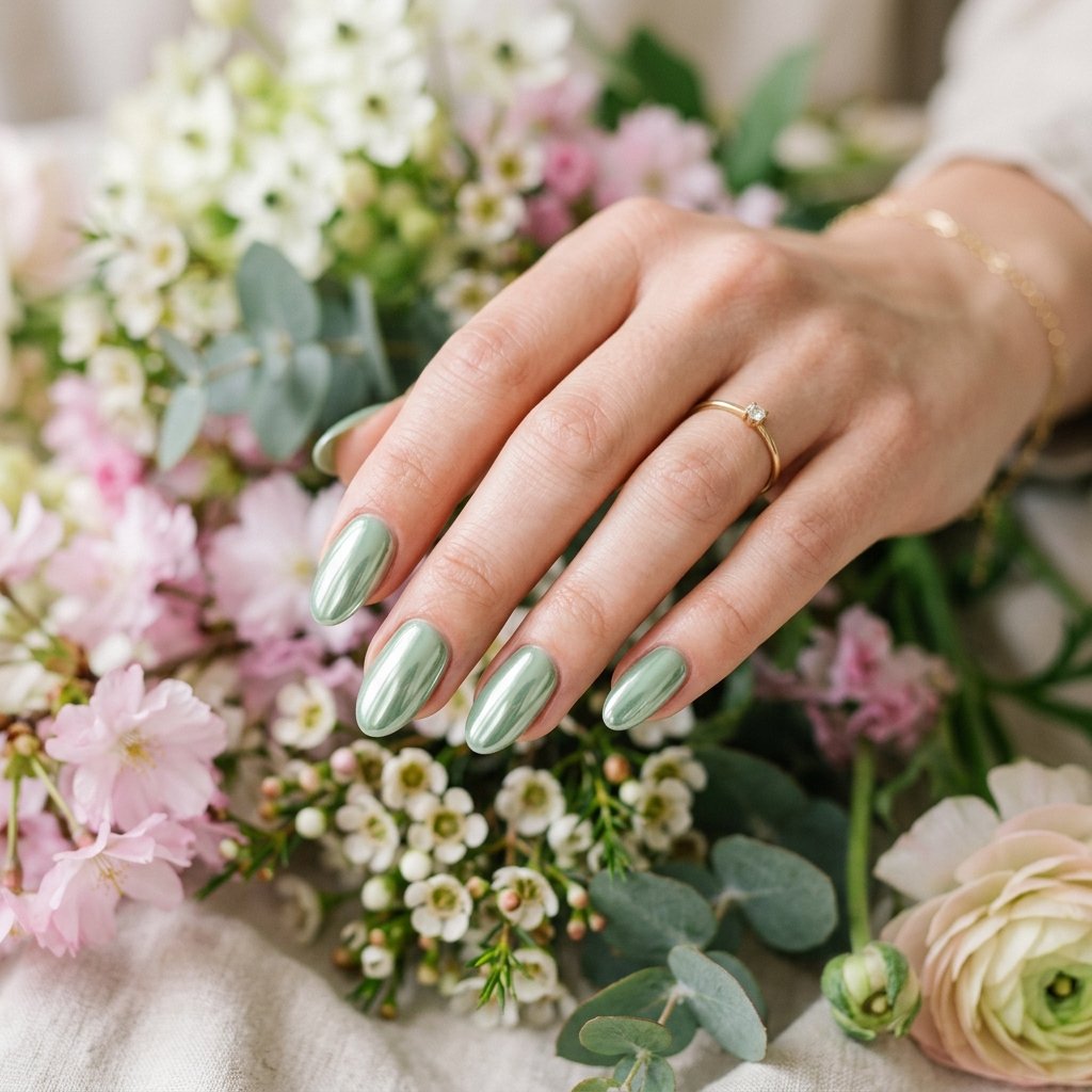 Green Chrome Nails for Spring