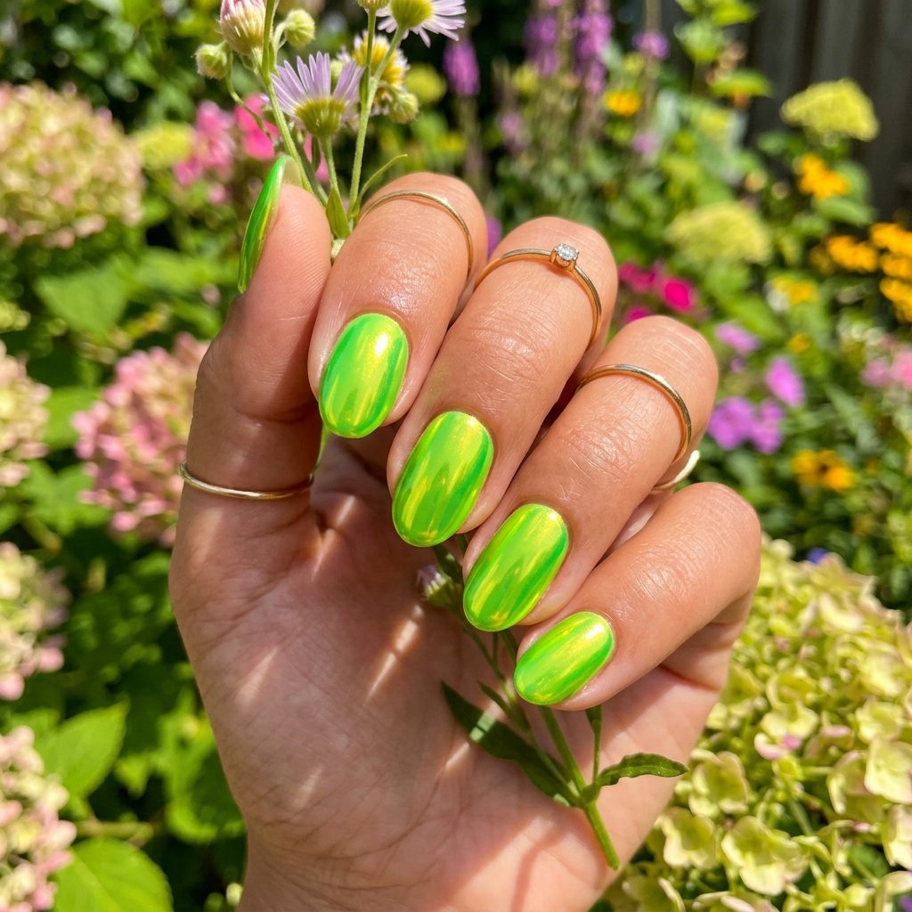 Green Chrome Nails for Summer