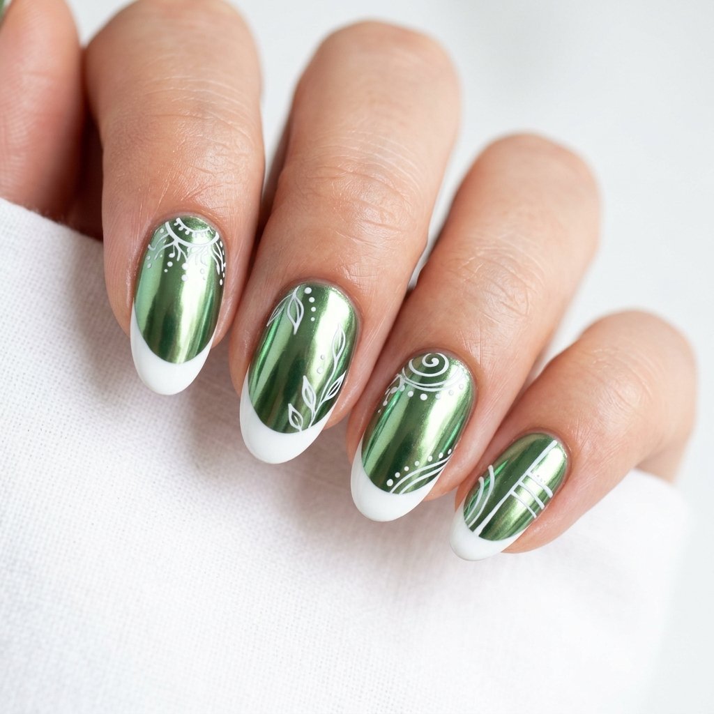 Green Chrome Nails with White
