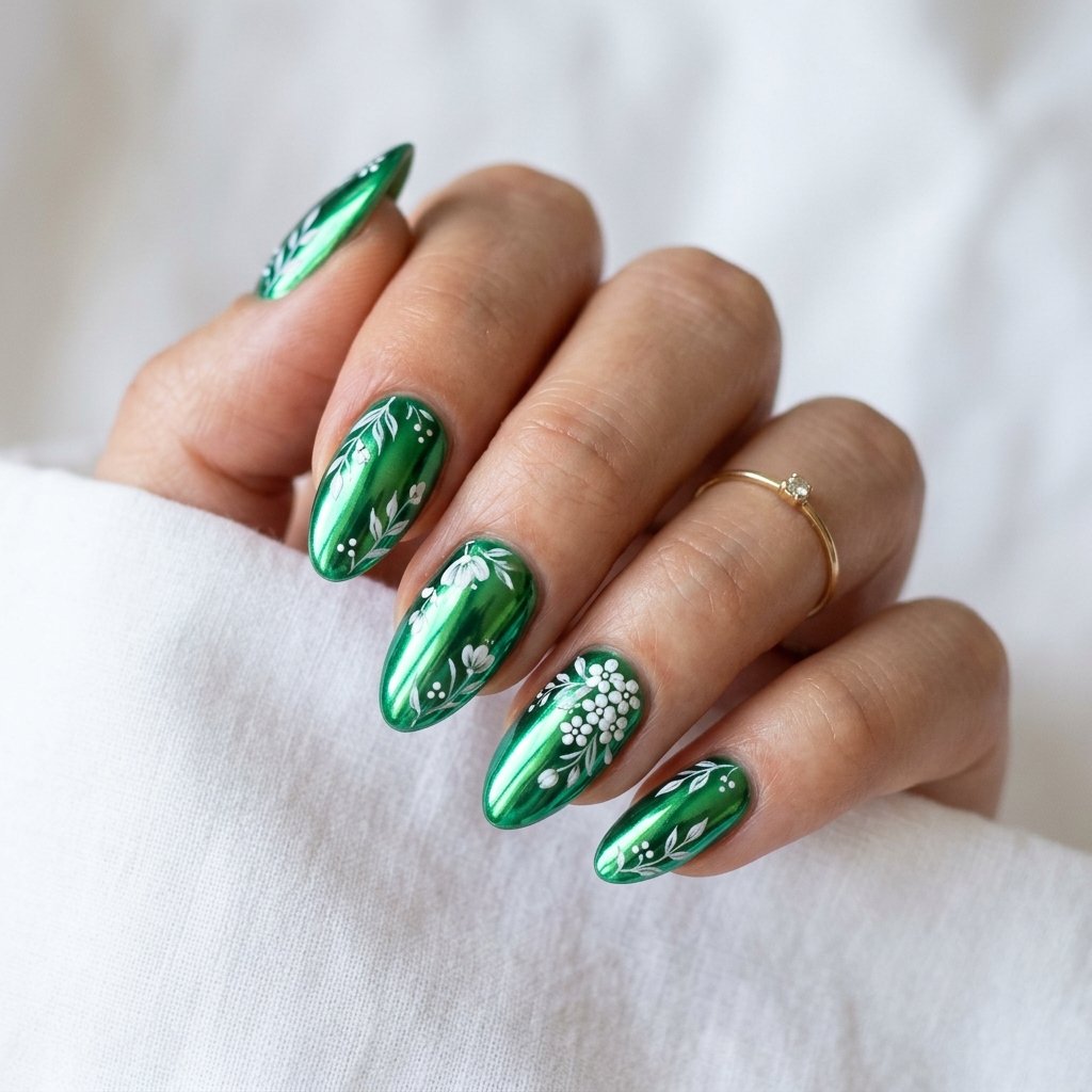 Green Chrome Nails with Flowers
