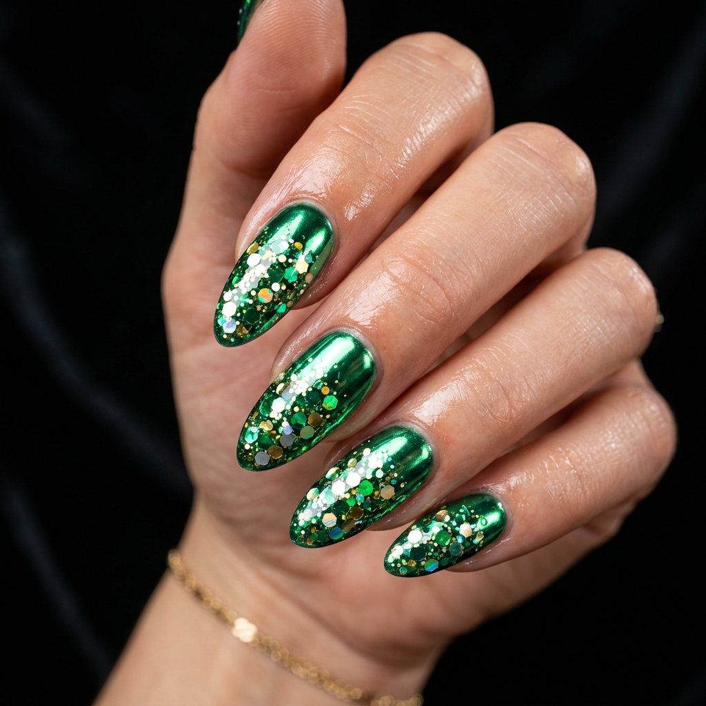 Green Chrome Nails with Glitter