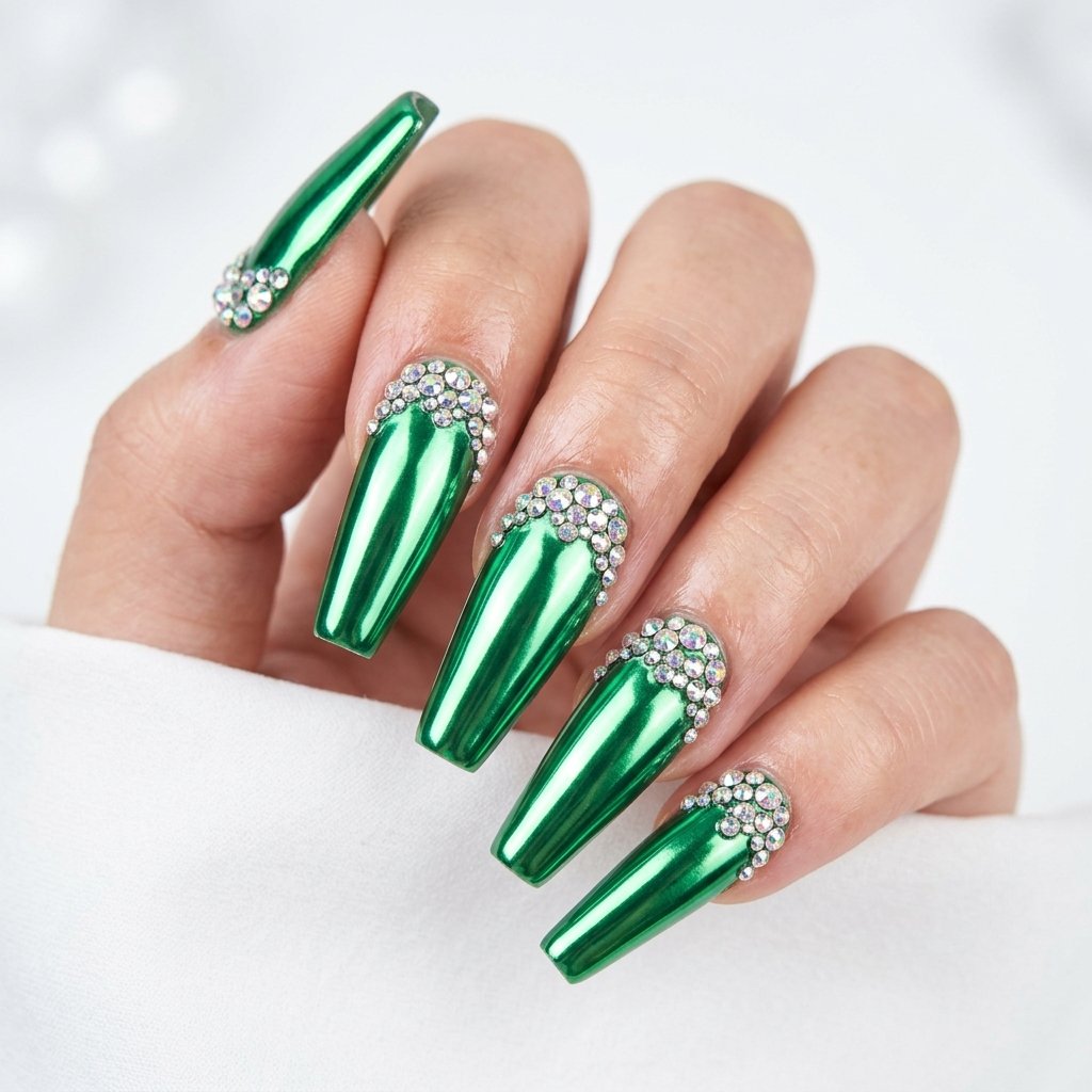 Green Chrome Nails with Rhinestones