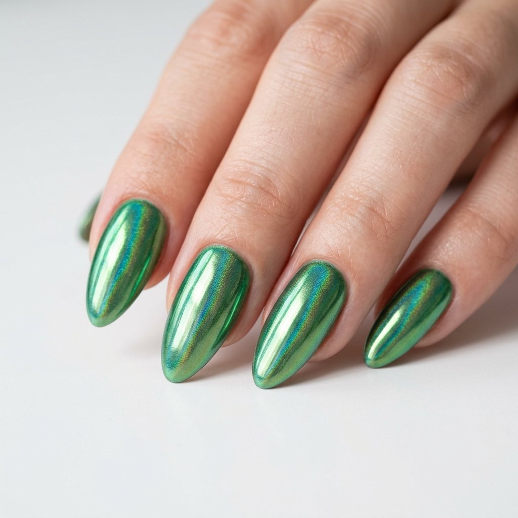 Green Chrome Powder Nails