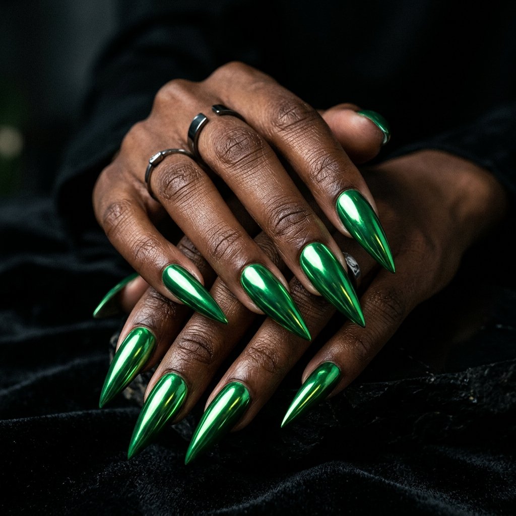Green Chrome Stiletto Nails