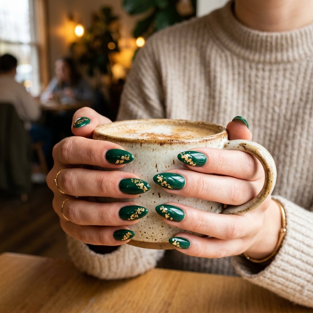 35 Best Green Fall Nails Ideas for Modern Autumn Style 4 Emerald and Gold Leaf Mix