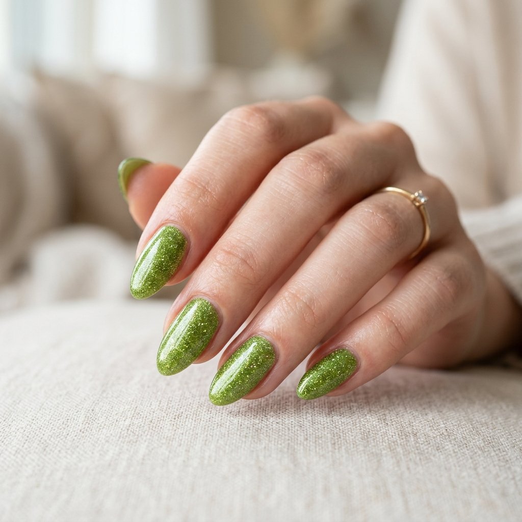 35 Best Green Fall Nails Ideas for Modern Autumn Style 12 Shimmering Peridot Sparkle