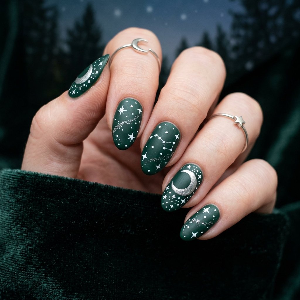 35 Stunning Forest Green Nails Ideas for a Chic Look 2026 22 Starry Night Theme