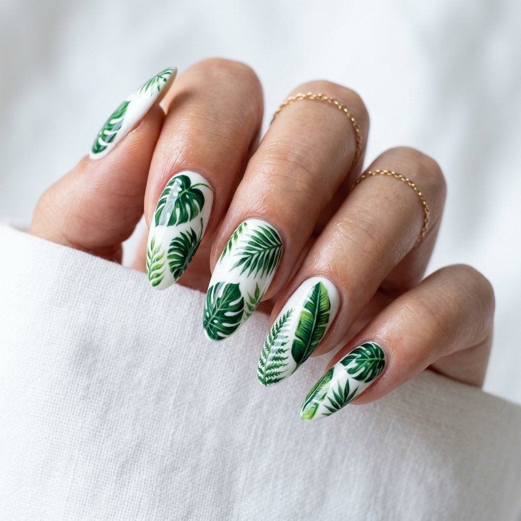 35 Best Green Summer Nails for a Bold Warm Season 2026 2 Tropical Leaf Print Nails