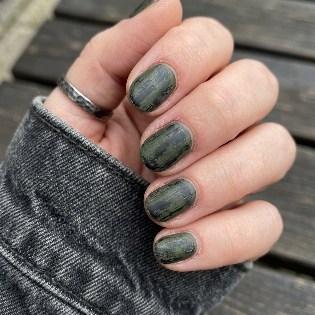 35 Black and Green Nails Ideas: Edgy & Elegant Designs 2026 27 Distressed Black and Olive Green Grunge Style Idea
