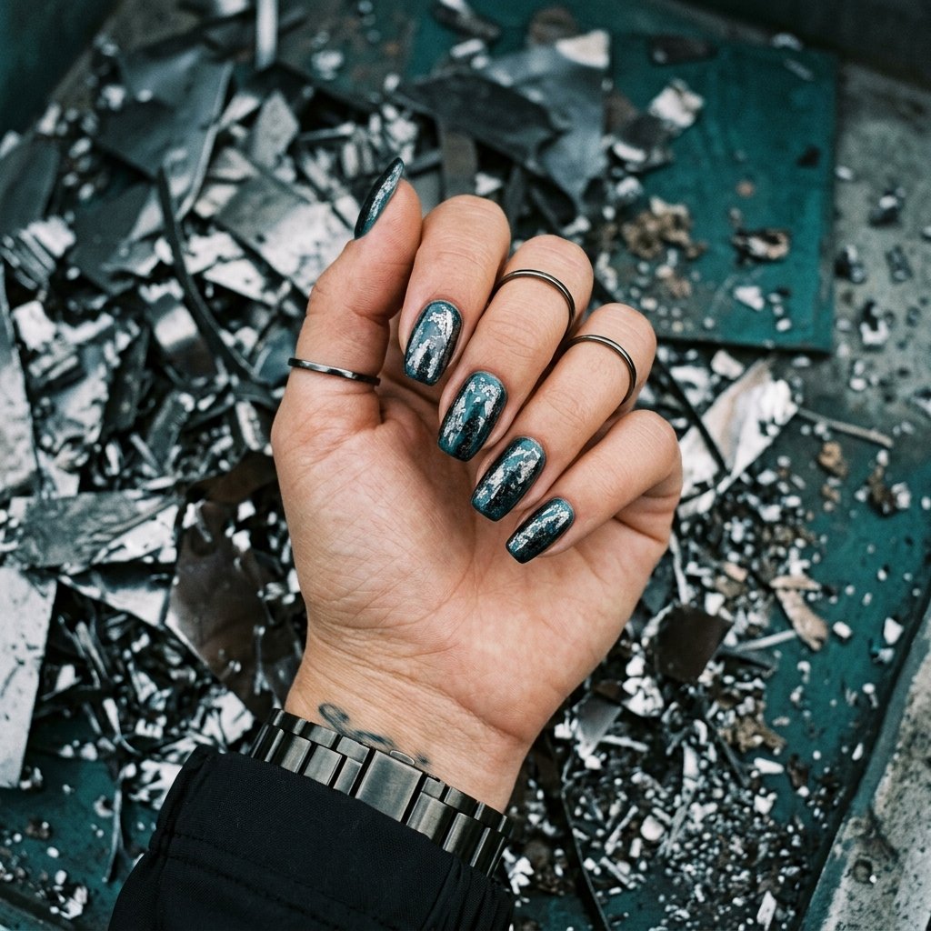 34 Best Dark Teal Nails Ideas: Elegant Colors to Try Now 16 Sophisticated Gunmetal Metallic Flake Accent