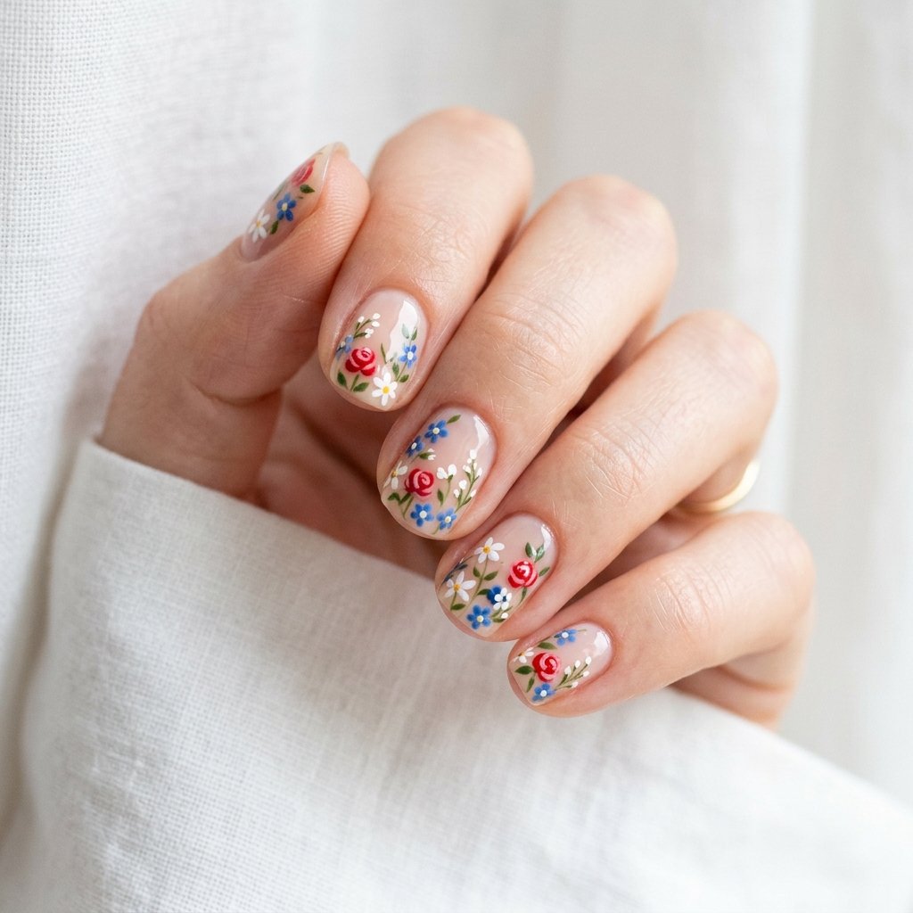 Floral Red White Blue Nail Ideas