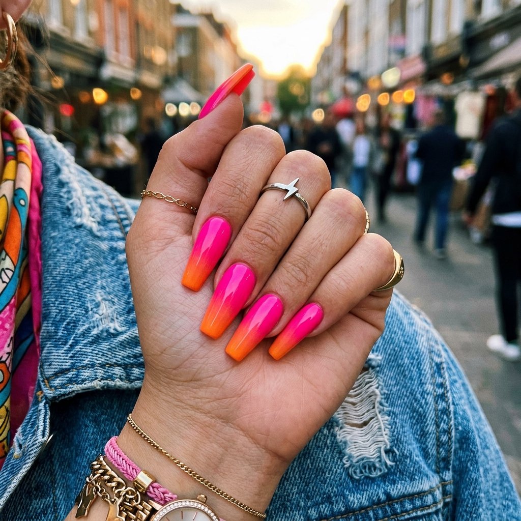 Electric Pink Sunset Ombre Nails