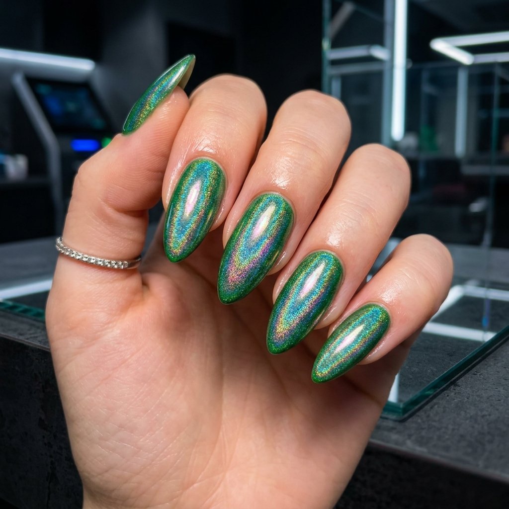 35 Fresh Green Almond Nails Ideas: Chic Trends to Love 18 Holographic Green Almond Nails