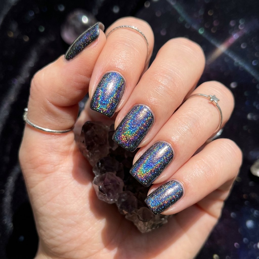 32 Galaxy Nails Ideas: Master the Aesthetic of the Cosmos 13 Holographic Stardust Overlay Concept