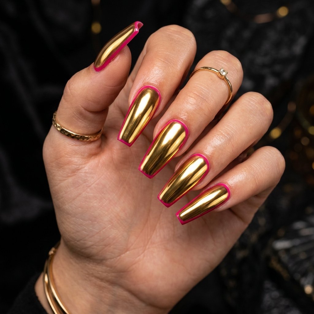 Hot Pink and Gold Chrome Nail Designs