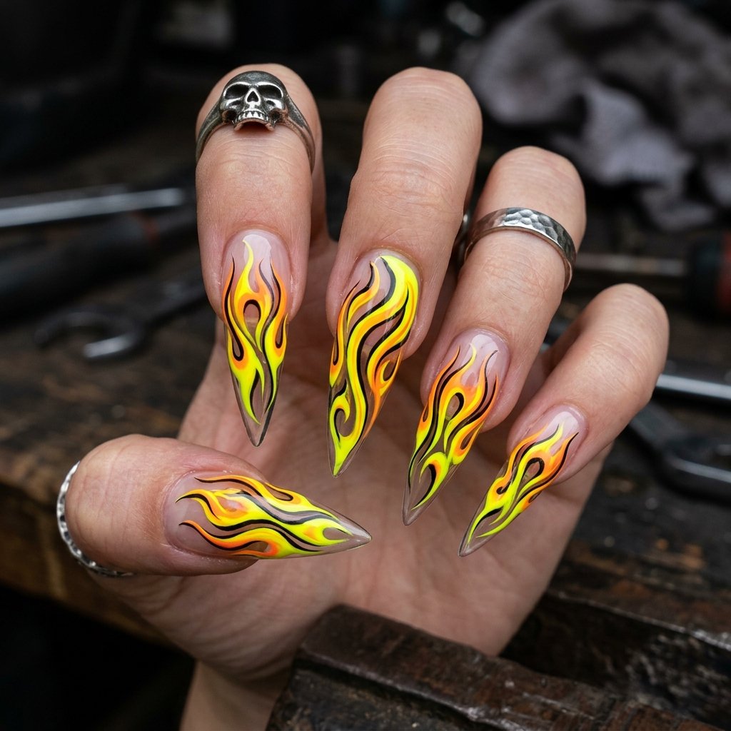 35 Fresh neon yellow nails Ideas for Your Summer Wardrobe 27 Flame Art Clear Tips Idea