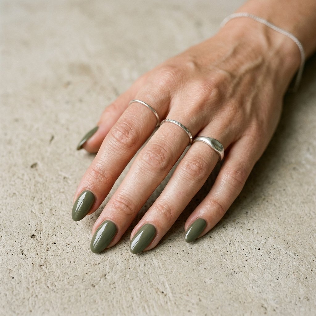 35 Fresh Green Almond Nails Ideas: Chic Trends to Love 11 Khaki Green Almond Nails