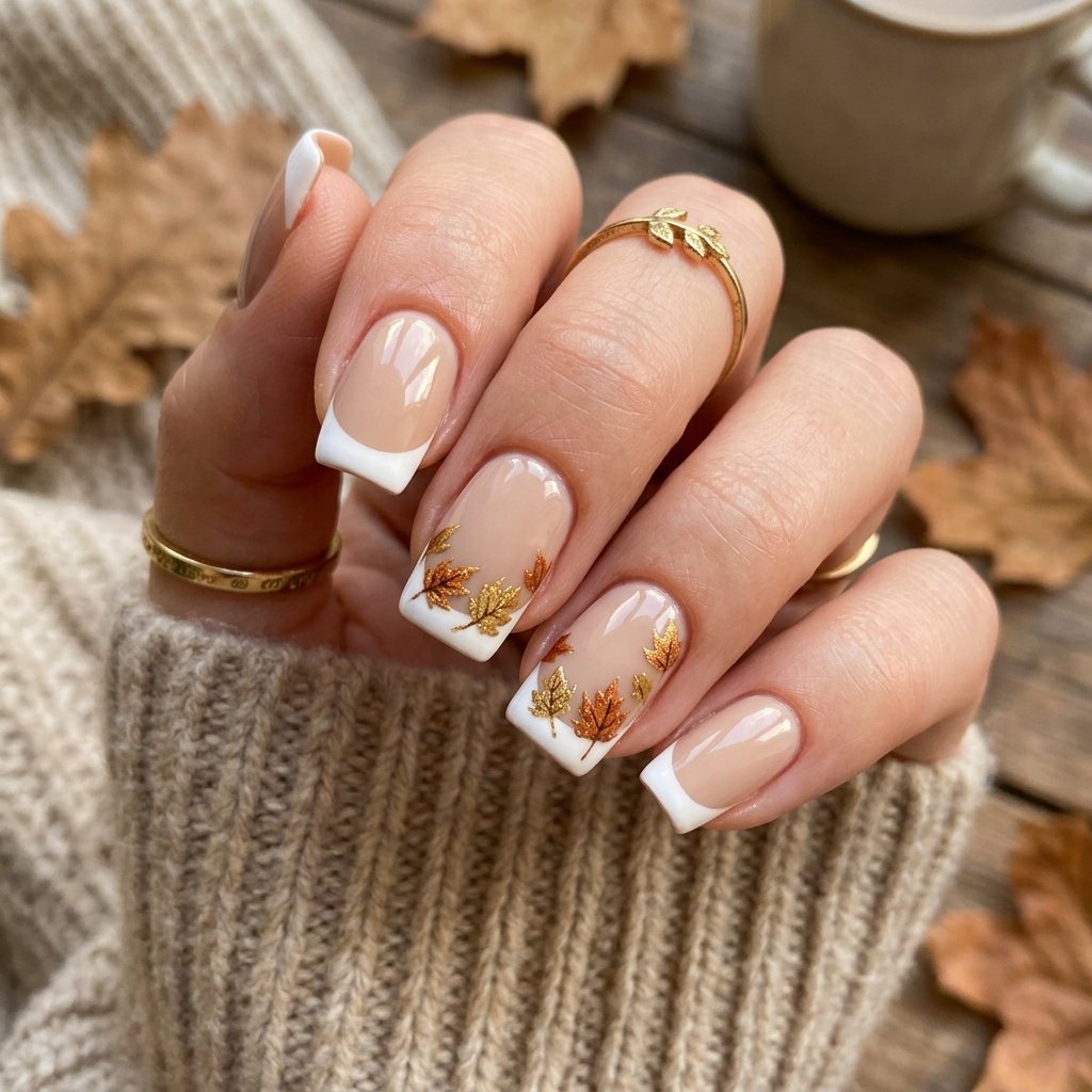 35 Fall French Tip Nails Ideas That Are Trending This Autumn Season 2026 26 Leaf Accent Fall French Tip Nails