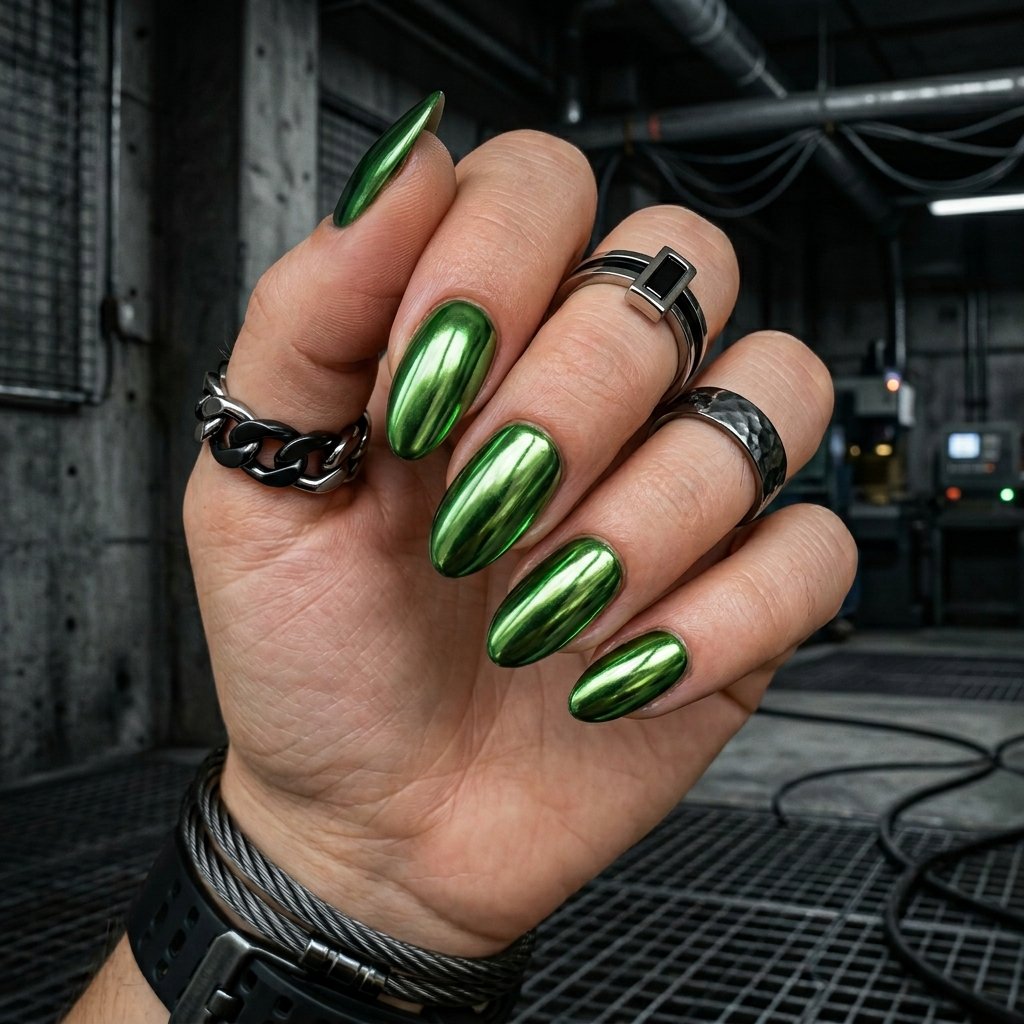 35 Fresh Green Almond Nails Ideas: Chic Trends to Love 17 Metallic Green Almond Nails