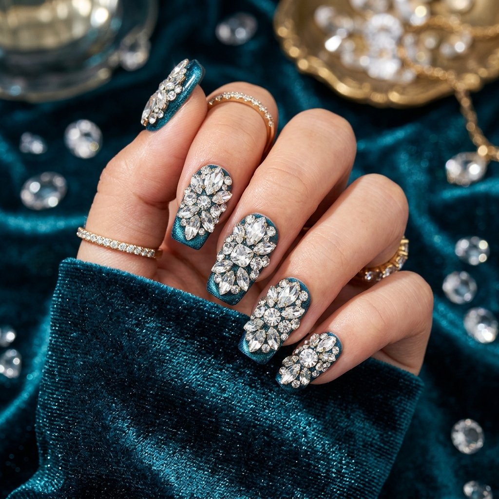 34 Best Dark Teal Nails Ideas: Elegant Colors to Try Now 14 Luxury Rhinestone Cluster Encrusted Velvet