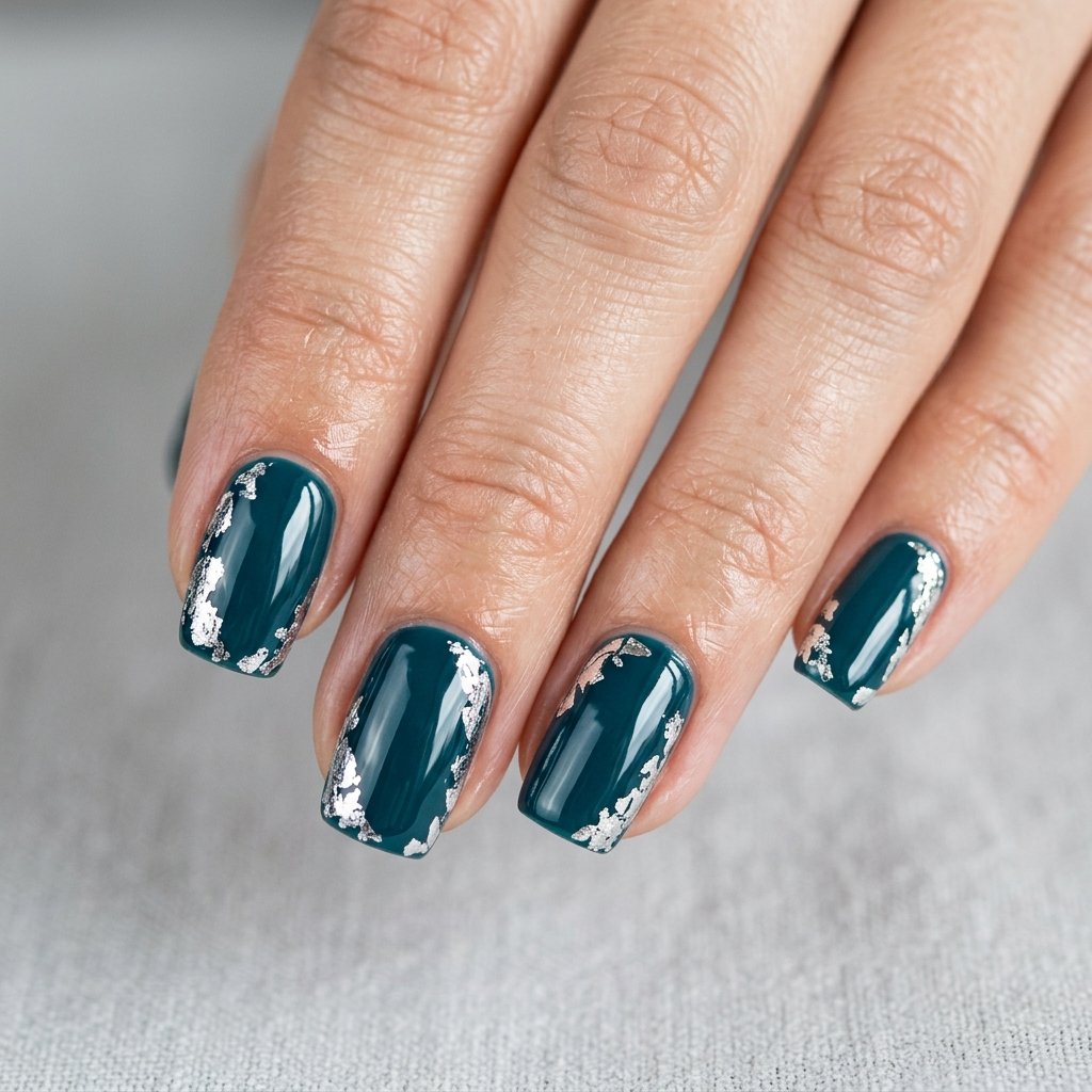 34 Best Dark Teal Nails Ideas: Elegant Colors to Try Now 3 Classic Silver Foil Accent
