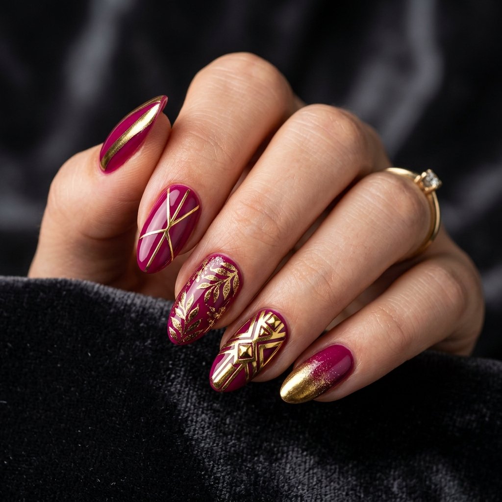 Magenta and Gold Nail Designs