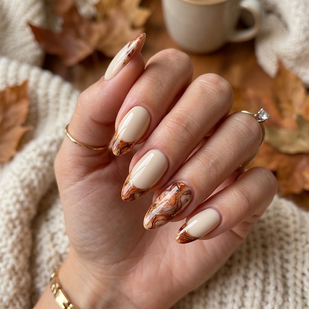 35 Fall French Tip Nails Ideas That Are Trending This Autumn Season 2026 28 Marble Fall French Tip Nails