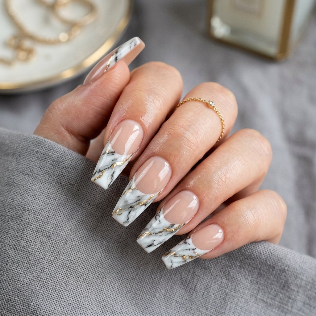 35 Trendy French Tip Coffin Nails Ideas That Elevate Your Style 28 Marble Texture French Tip Coffin Nails