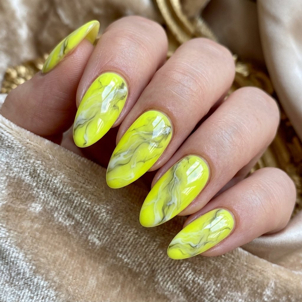 35 Fresh neon yellow nails Ideas for Your Summer Wardrobe 13 Marble Texture Veining Idea