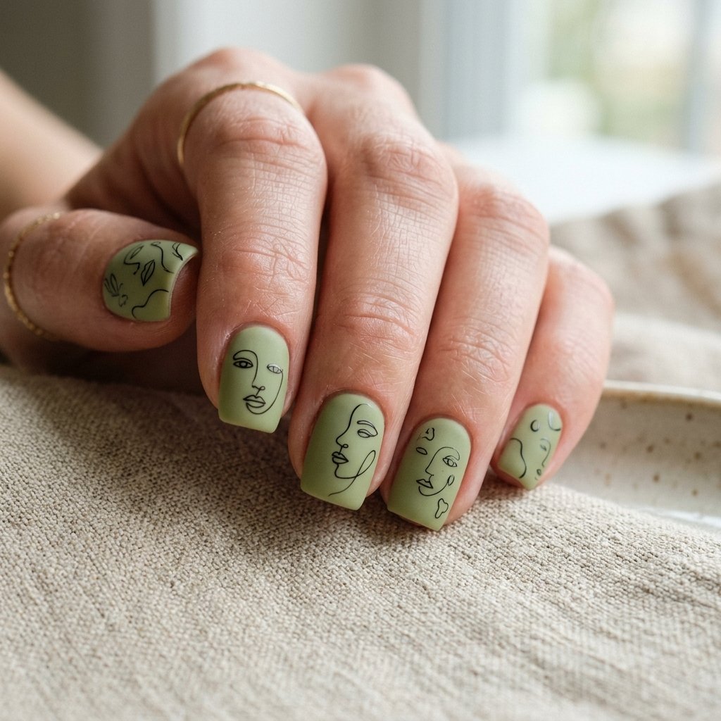 35 Black and Green Nails Ideas: Edgy & Elegant Designs 2026 29 Fine Black Line Art on Matcha Green Nails Idea