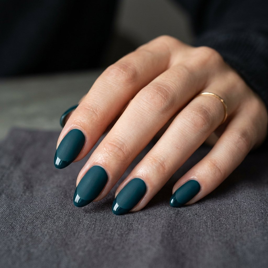 34 Best Dark Teal Nails Ideas: Elegant Colors to Try Now 4 Matte Base with Glossy French Tips