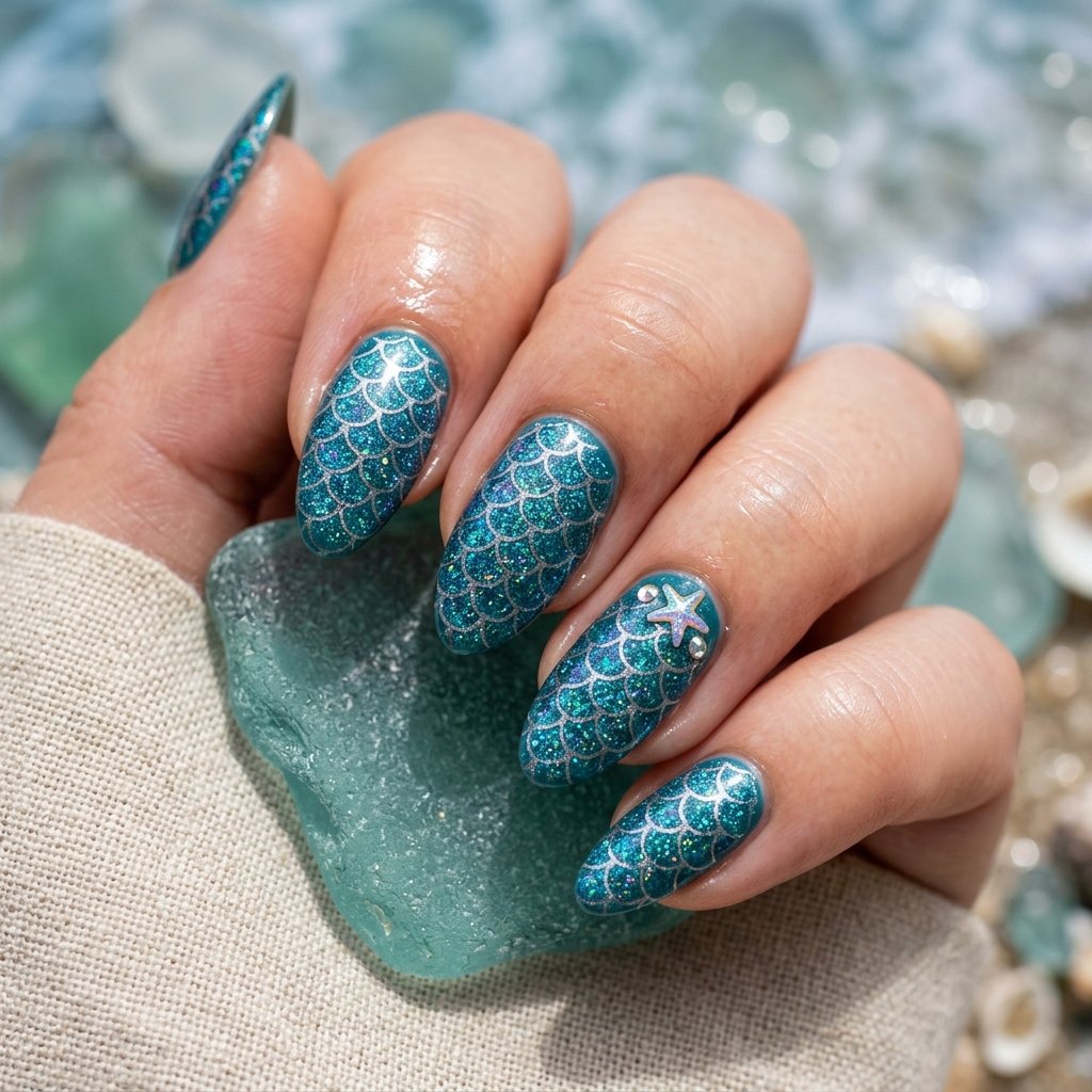 34 Best Dark Teal Nails Ideas: Elegant Colors to Try Now 18 Mermaid Scale Iridescent Sea Glass