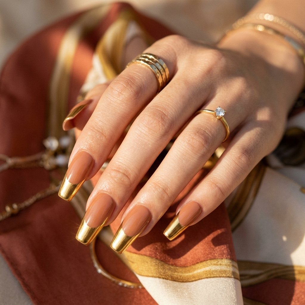 35 Trendy French Tip Coffin Nails Ideas That Elevate Your Style 8 Metallic Gold French Tip Coffin Nails