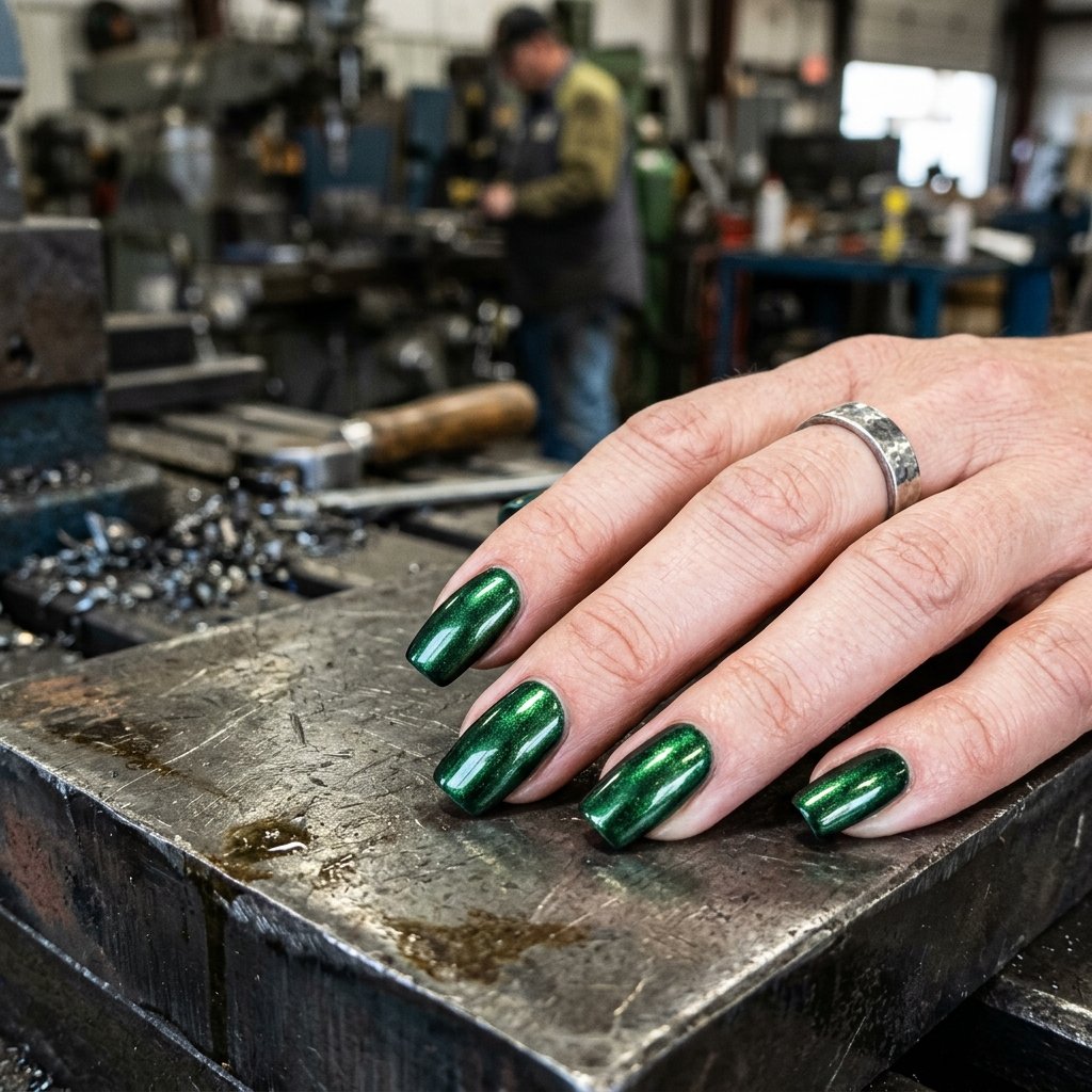 35 Best Green Fall Nails Ideas for Modern Autumn Style 32 Metallic Shield Polish