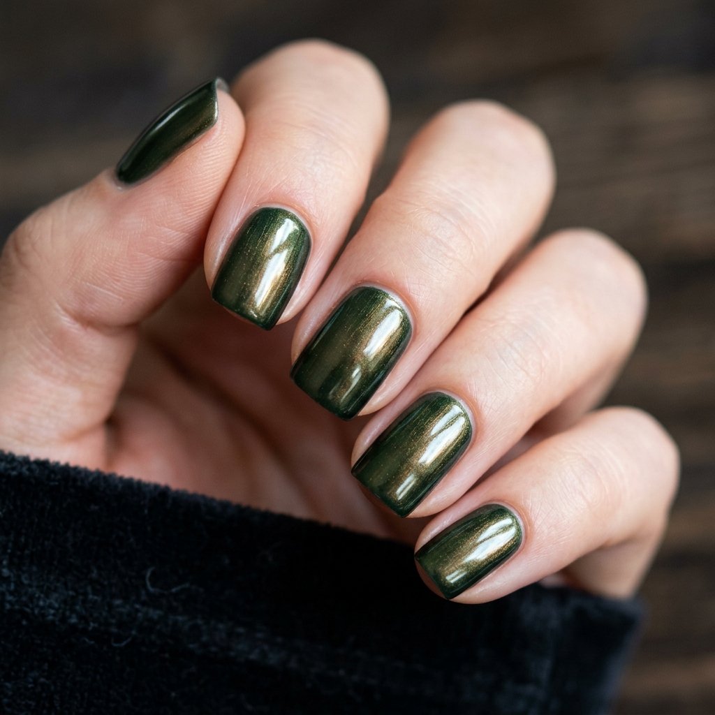 35 Stunning Forest Green Nails Ideas for a Chic Look 2026 14 Metallic Sheen Finish
