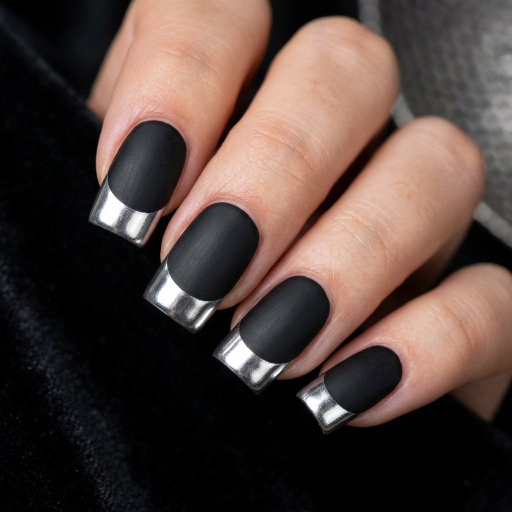 Metallic Silver French Tips on Matte Black