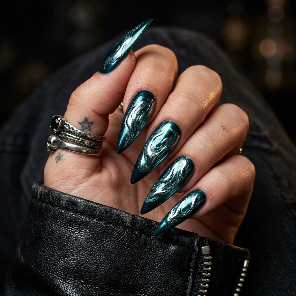 34 Best Dark Teal Nails Ideas: Elegant Colors to Try Now 28 Edgy Stiletto Shape Heavy Metallic