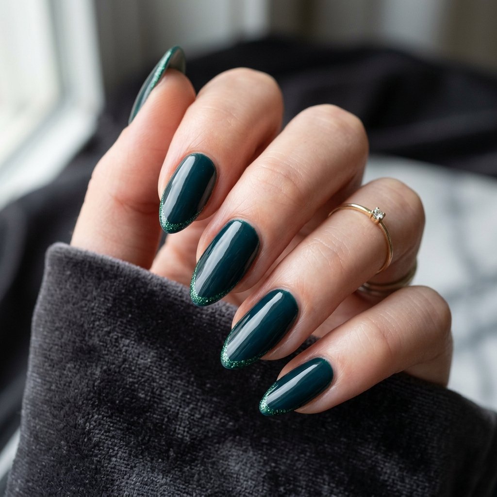 34 Best Dark Teal Nails Ideas: Elegant Colors to Try Now 13 Micro Glitter Emerald Border