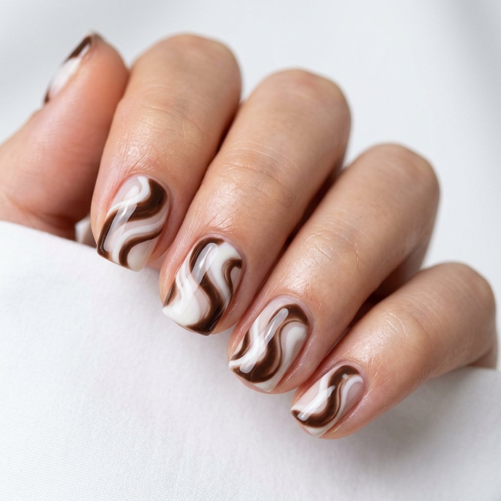35 Trendy Brown and White Nails Ideas for a Flawless Manicure 2026 6 Minimalist Brown and White Swirl Nails