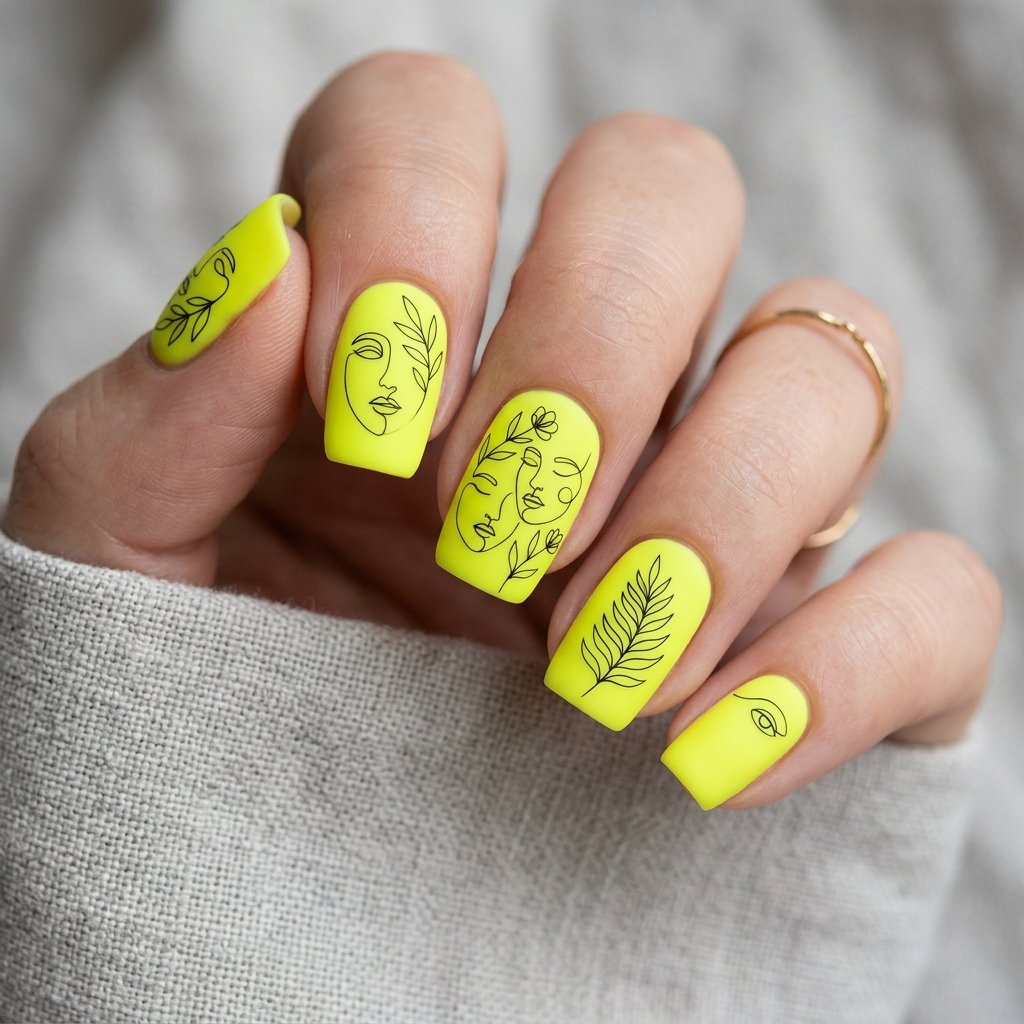 35 Fresh neon yellow nails Ideas for Your Summer Wardrobe 30 Fine Black Line Art Idea