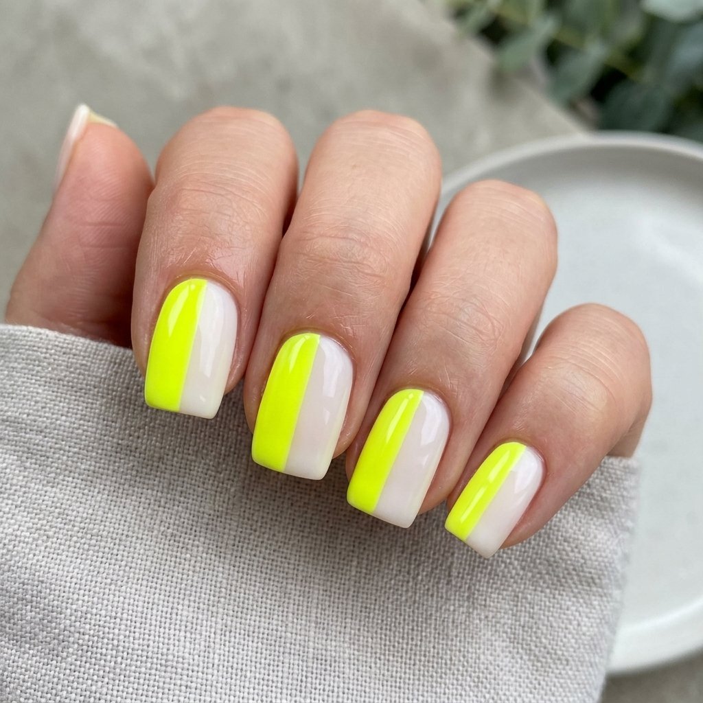 35 Fresh neon yellow nails Ideas for Your Summer Wardrobe 23 Vertical Split Milky White Idea