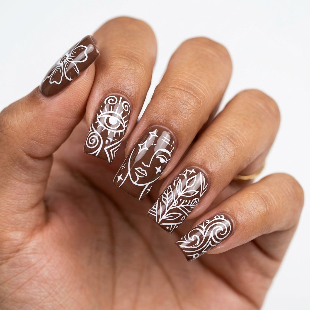 35 Trendy Brown and White Nails Ideas for a Flawless Manicure 2026 35 Mocha Brown Square Nails with White Outline Art